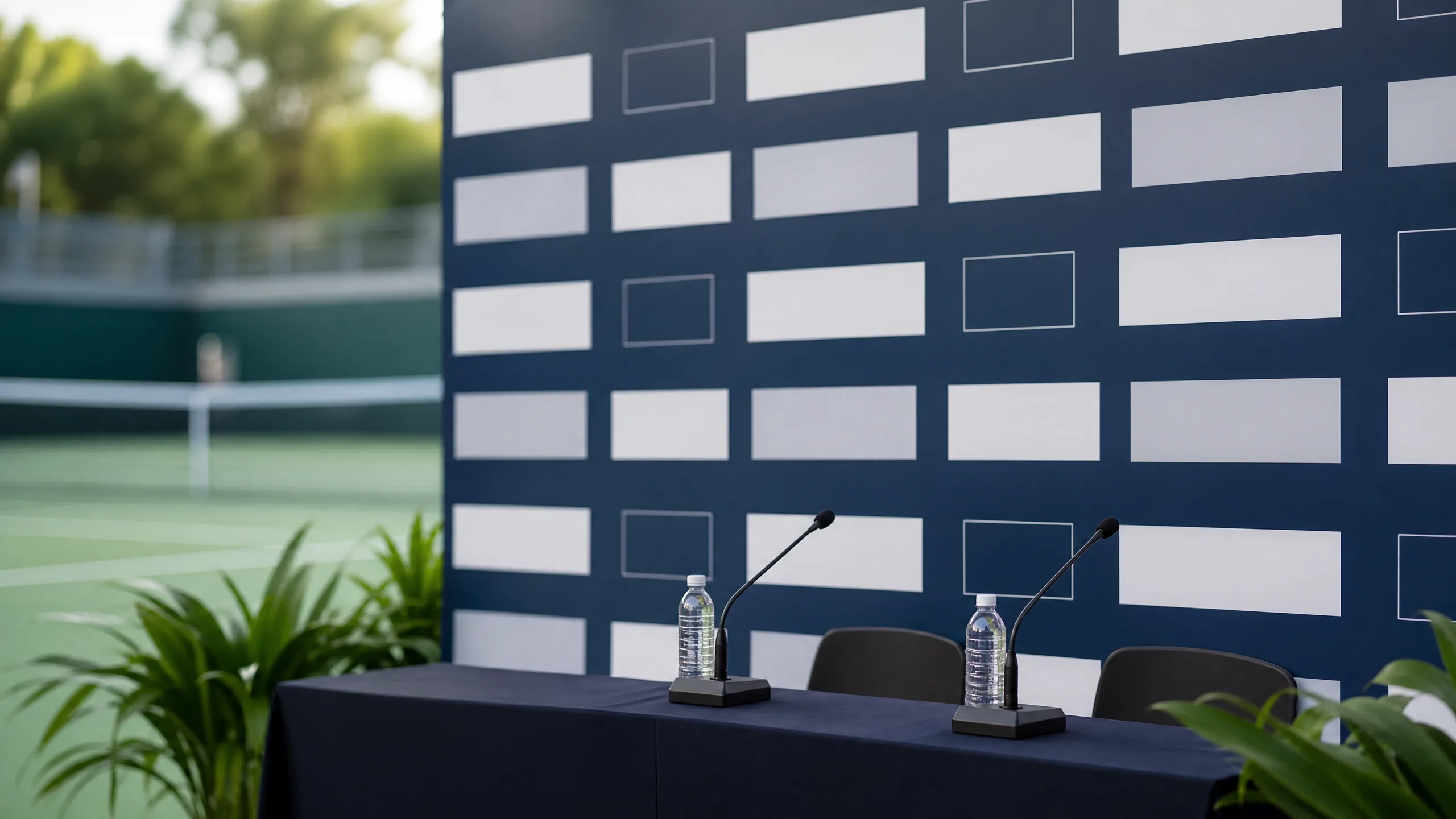 网球赛事场边的赞助商展示墙与器材陈列